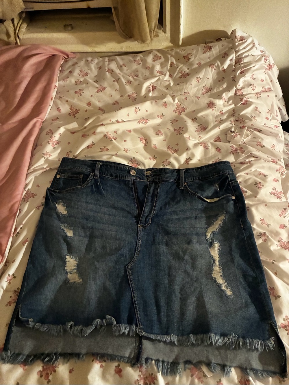 Seven7 Distressed Dark Blue Denim Mini Skirt with Frayed Hem